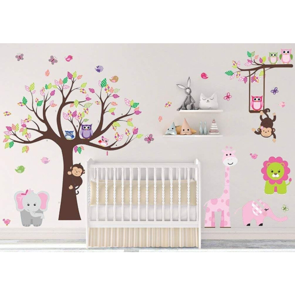Kids Jungle Theme Peel & Stick Girl Nursery Wall Decal, Colorful Owl Giraffe Lion Tree Decorative Sticker For Baby Bedroom, Playroom Mural Pink