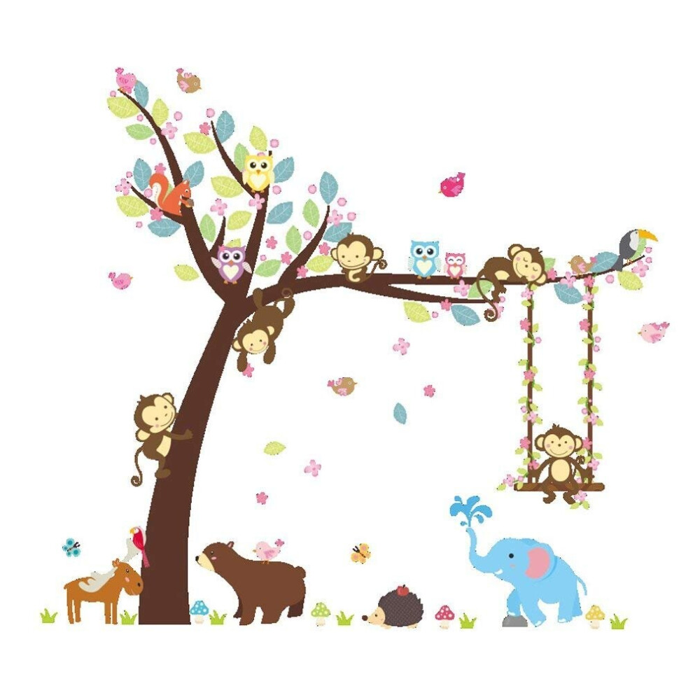 ElecMotive Cartoon Forest Animal Monkey Owls Hedgehog Tree Swing Nursery Stickers Murals DIY Posters Vinyl Removable Art Wall Decals for Kids Girls Ro