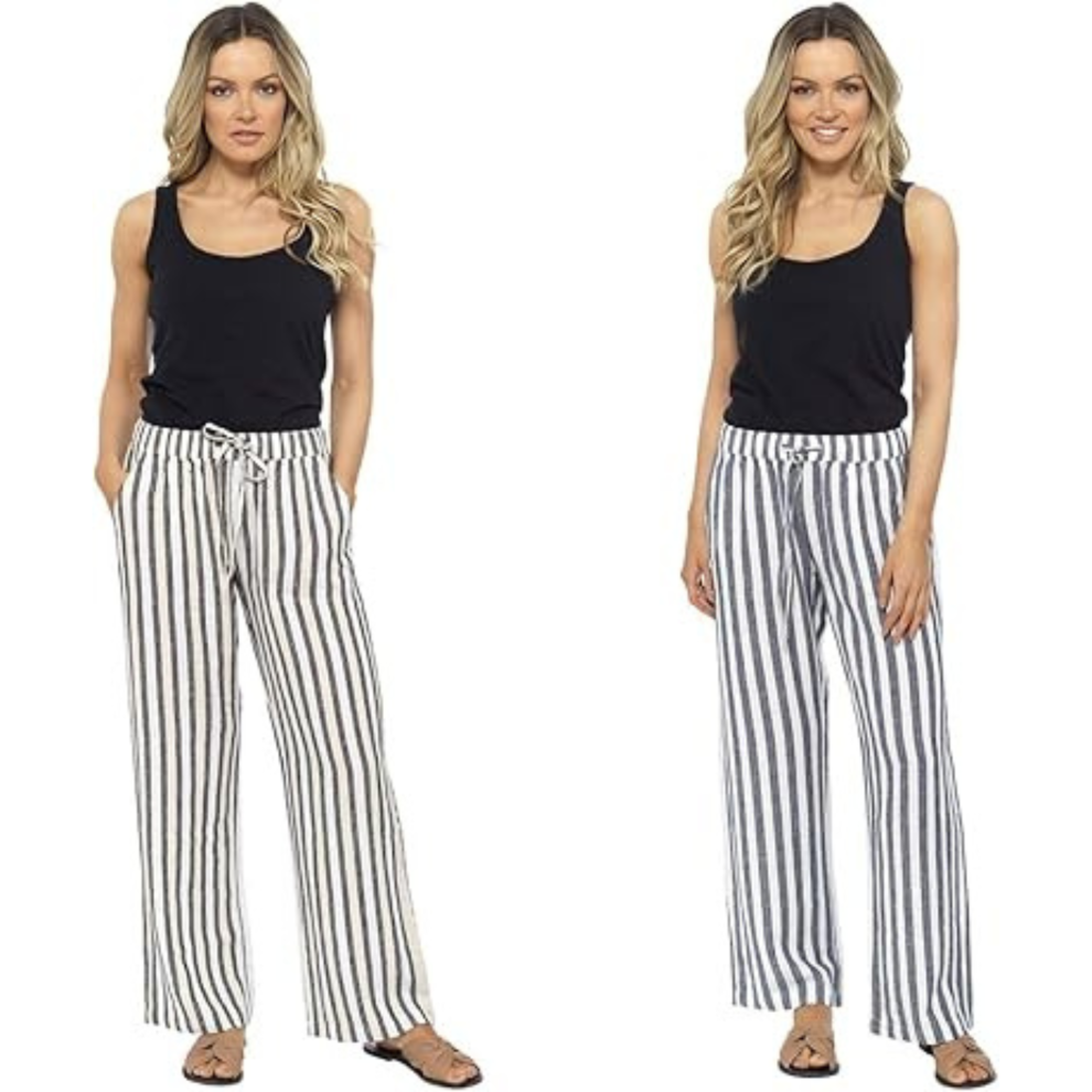 (Stone, 12) Ladies' Linen Casual Pull-On Trousers | Summer Pants | Lounge Wear in Denim & Stone Stripe-image-OPC-PFZMK7V-NEW