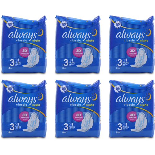Always 6 x Always Maxi Classic Night Pads 8 Pack