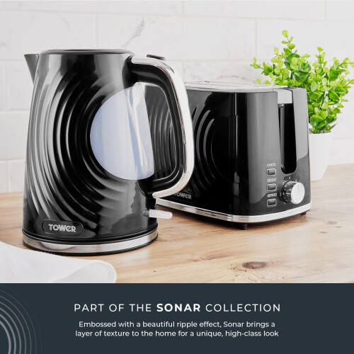 Tower Tower Sonar Black Kettle Toaster Bread Bin Canisters & Microwave Set 1