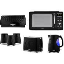 Tower Sonar Black 7-Piece Kitchen Set: 1.7L Kettle, 2-Slice Toaster, Bread Bin, Canisters & 800W Microwave (T24041BLK)