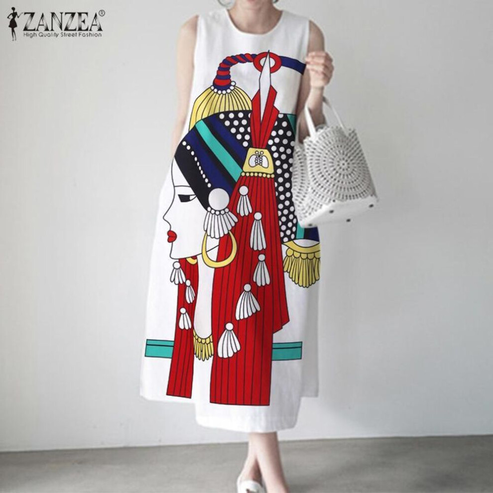 (white, 4XL) Zanzea Womens Summer Print Casual O-neck Sleeveless Dress Beach