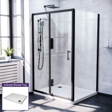Nes Home Magna 1100 Black Shower Sliding Door, 800 Frameless Side Panel & Tray