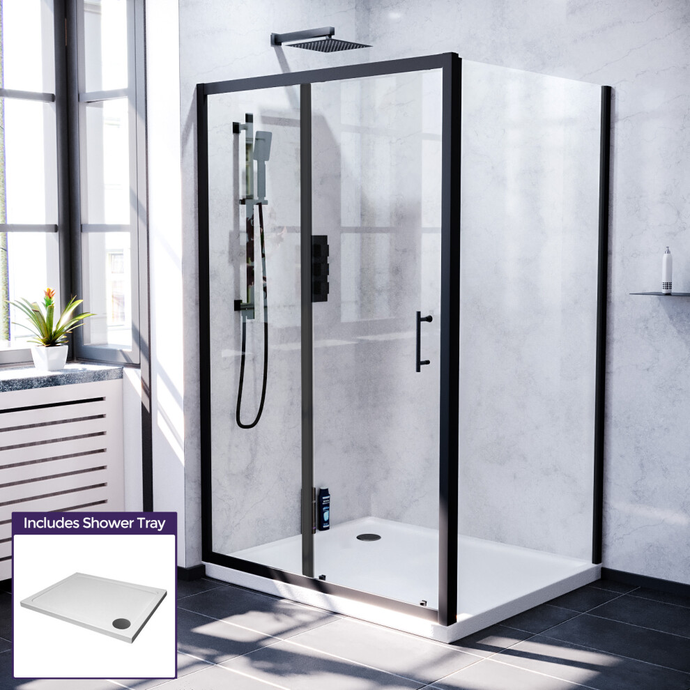 Nes Home Magna 1100 Black Shower Sliding Door, 900 Frameless Side Panel & Tray