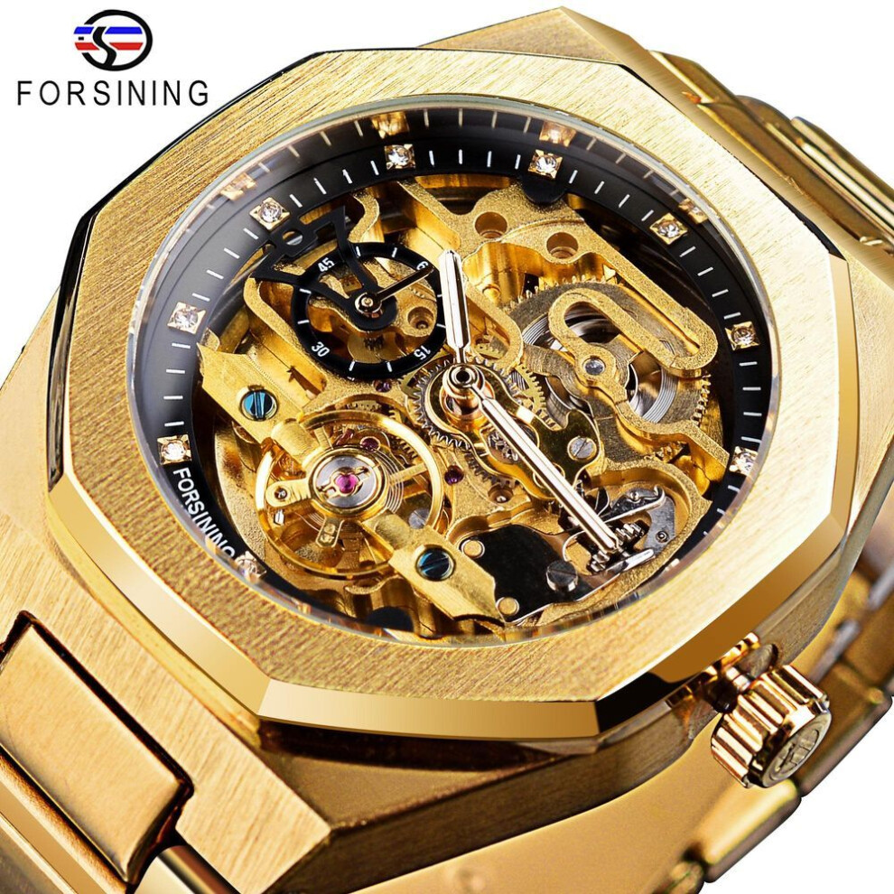 (gold) Forsining Casual Automatic Watch 3D Diamond Skeleton Hollow Mens Wristwatches Luminous Military Watches Tourbillon Montre Homme
