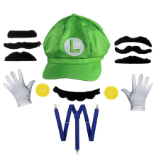 (Luigi) Baseball Mario Super Cap Cosplay Accessory Set Party Luigi Sunhat Octagon Adult