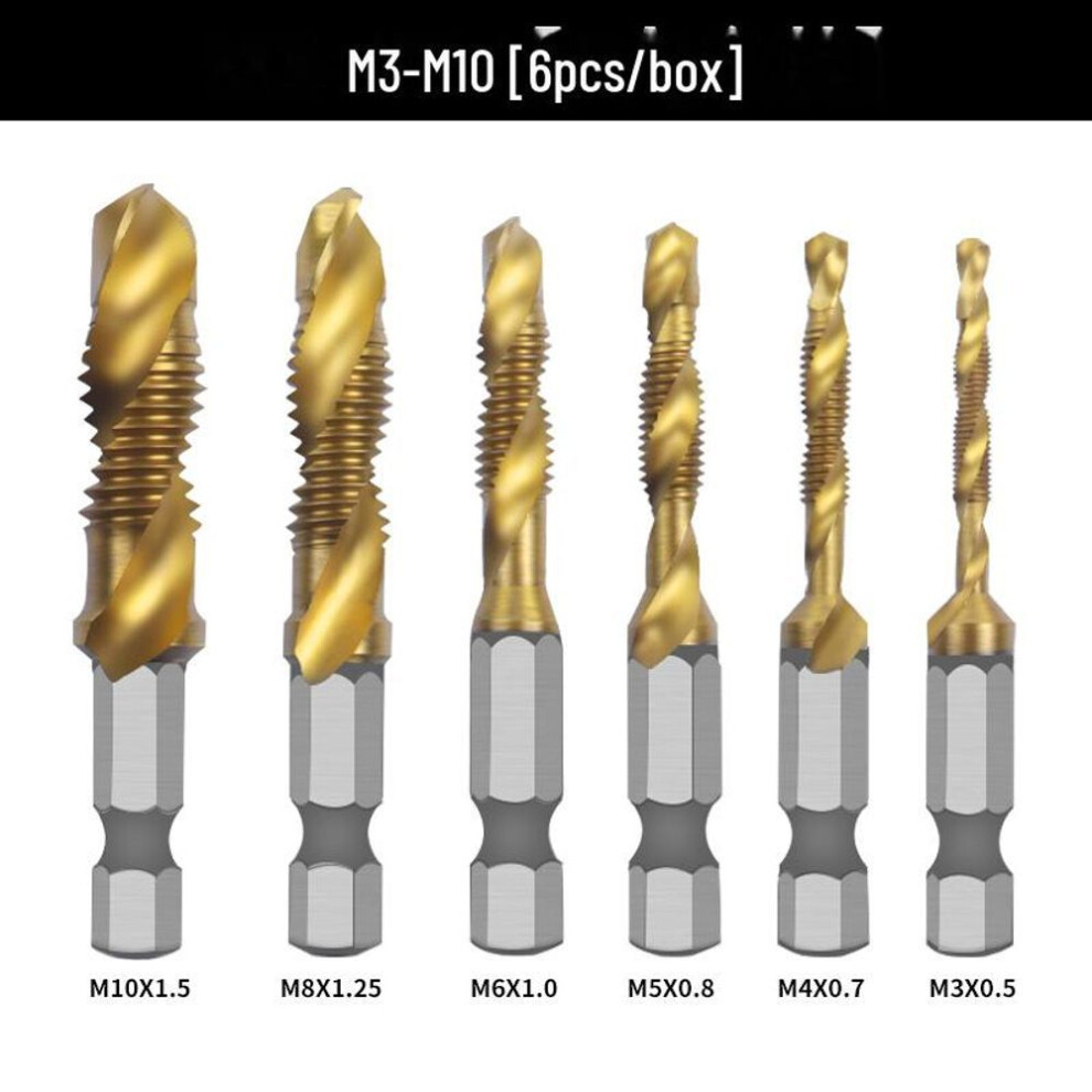 (as the picture, M3-M10, 6 pieces per box) 5-pc Titanium Plated High-speed Steel Spiral Groove Machine Tap Set For Hand Tapping Screw Holes.
