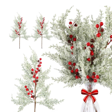 6 pezzi di bacche rosse di Natale, steli, rami di pino con neve, 19 pollici, spray finti smerigliati, Natale artificiale