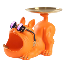 Resina Cool Bulldog Crafts Cane Maggiordomo con Vassoio per Portachiavi Portaoggetti Gioielli Animale Stanza Decorazione per la Casa Statua, Arancione