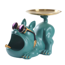 Resina Cool Bulldog Crafts Cane Maggiordomo con Vassoio per Portachiavi Portaoggetti Gioielli Animale Stanza Decorazione per la Casa Statua, Verde