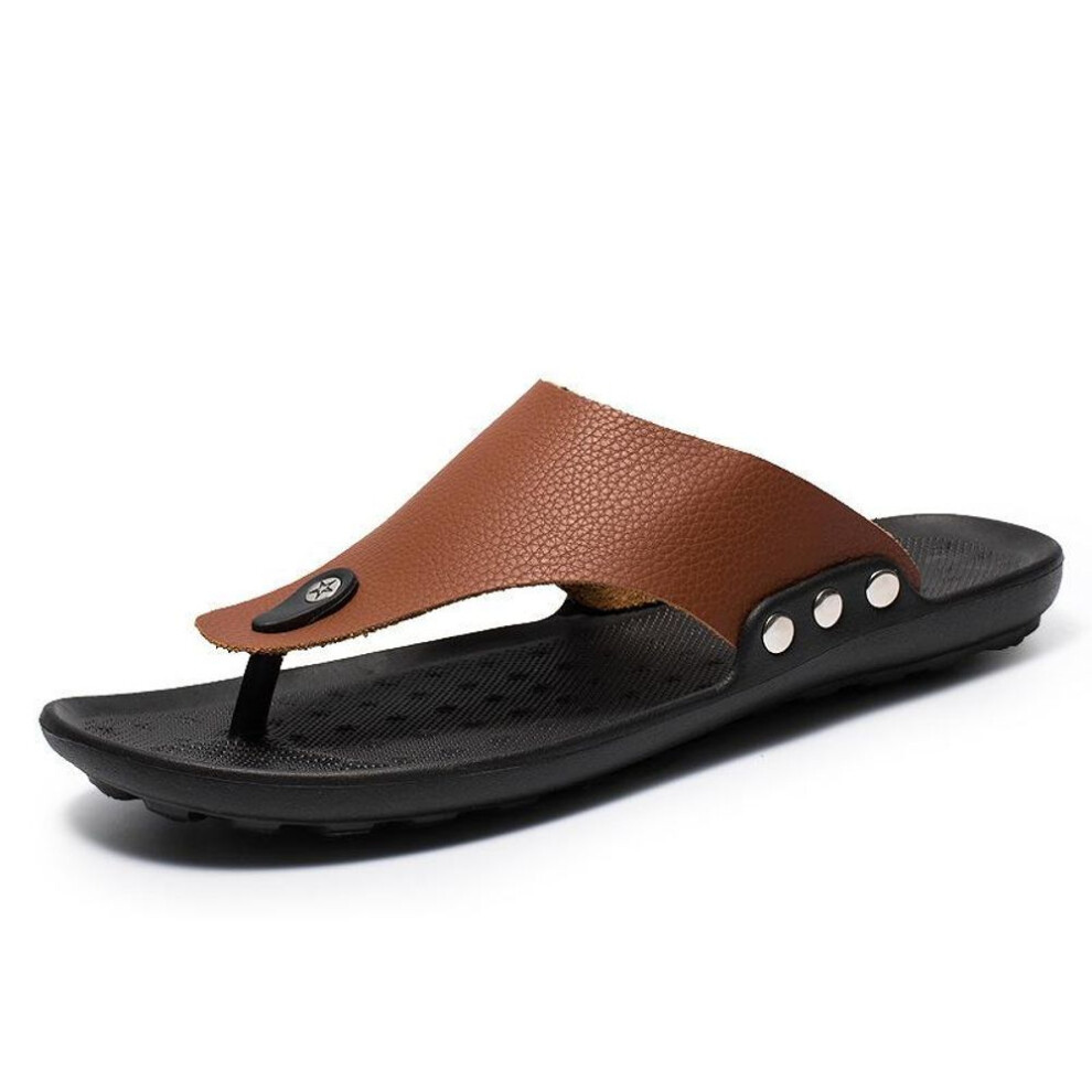(brown, 43) Men&apos;s Fashion Summer Leather Shoes Slip On Casual Flip Flops Breathable Travel Shoes for Male