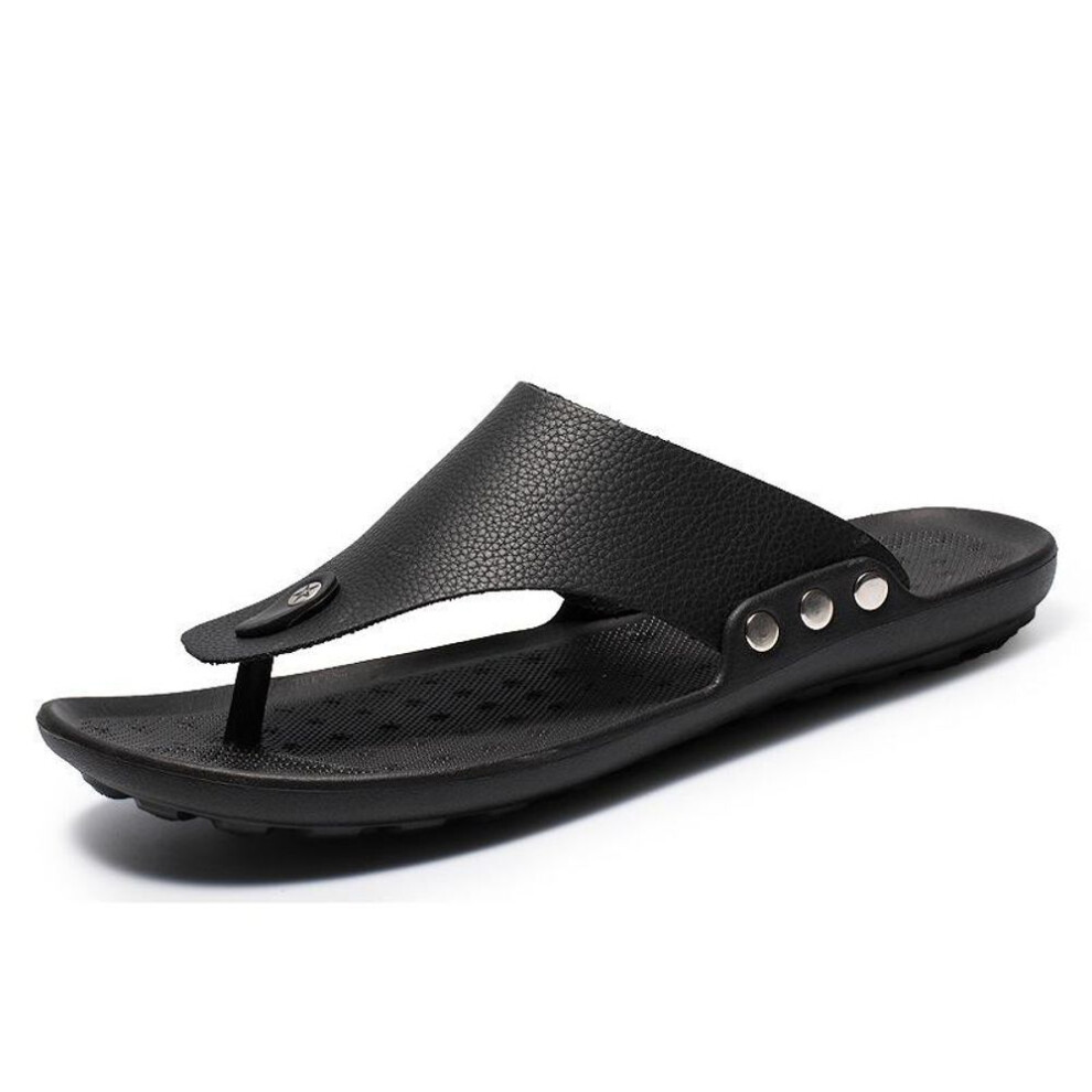 (black, 39) Men&apos;s Fashion Summer Leather Shoes Slip On Casual Flip Flops Breathable Travel Shoes For Male