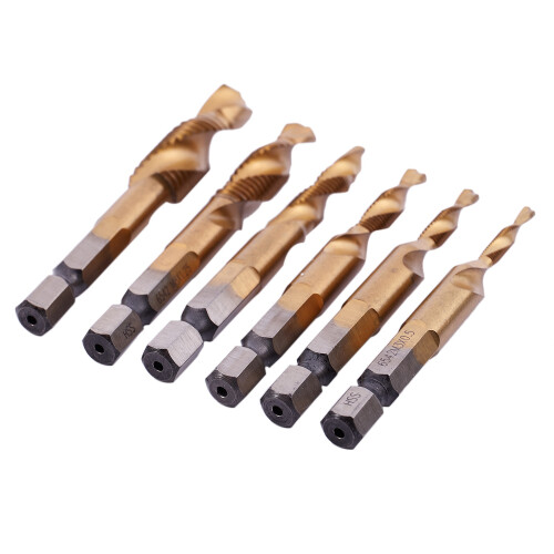 6Pcs HSS Titanium M3 - M10 Combination Hex Deburr Countersink Tap Drill Bit Set