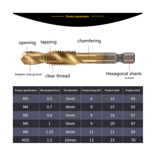 High-Speed Steel Drilling Tapping Chamfering Integrated Drill Bit Set 6Pc Composite Tap Deburring Drill Bit 1