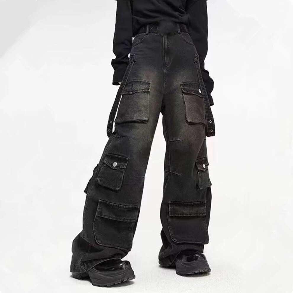 (black, XL) Spring Autumn Men Baggy Jeans Men Wide Leg Pants Big Pockets Elastic Waist Streetwear Trousers Male Loose Denim Pants