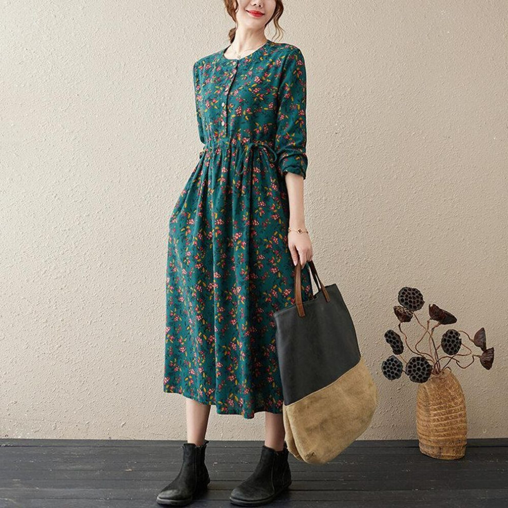 (green, M) Long Sleeve Cotton Linen Vintage Floral Dresses for Women Casual Loose Spring Autumn Dress Elegant Clothing