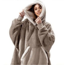 (Brown Grey)Winter Women's and Men's Flannel Composite Hooded Tops Sweater Casual Homewear Tv Blanket