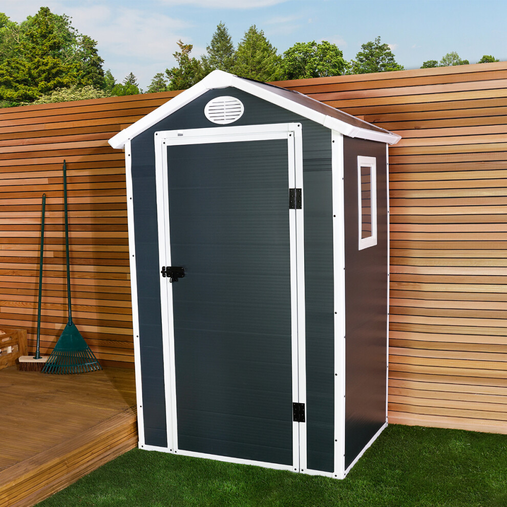 Charles Bentley Plastic Storage Shed 4.4ft x 3.4ft Grey Small Roof Outdoor Garden Tall Box Store Tools