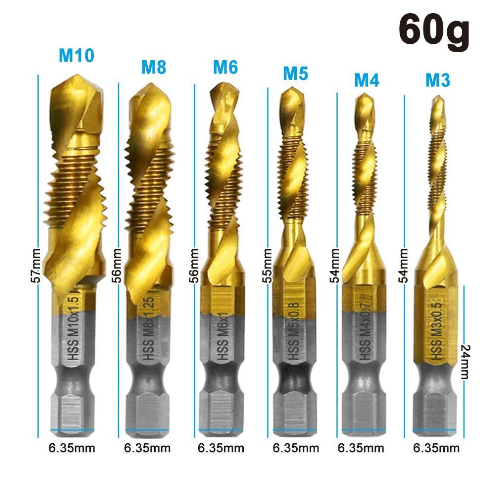 (gold, 6pcs/1 set) 6pc/ 1set High Speed Steel M3-m10 Titanium Plated Composite Tap Hexagonal Drill And Tap Integrated Tap Machine With Hole Chamfer Tool