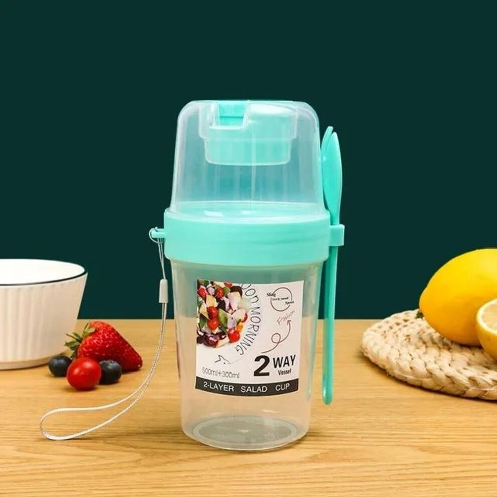 (green) Breakfast Fruit Oat Yogurt Salad Cup With Lid Spoon Two Layer Food Storage Portable Fitness Weight Reducing Food Storage Cup