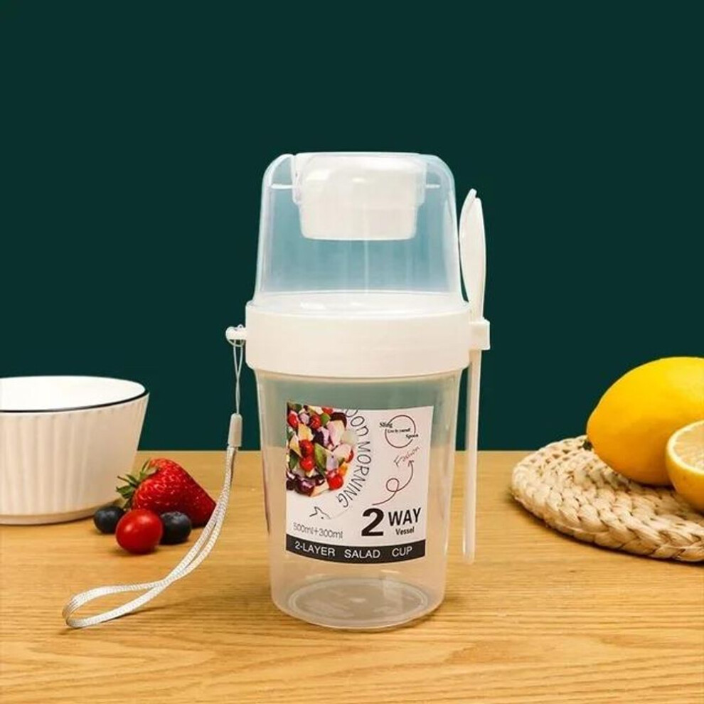 (white) Breakfast Fruit Oat Yogurt Salad Cup With Lid Spoon Two Layer Food Storage Portable Fitness Weight Reducing Food Storage Cup