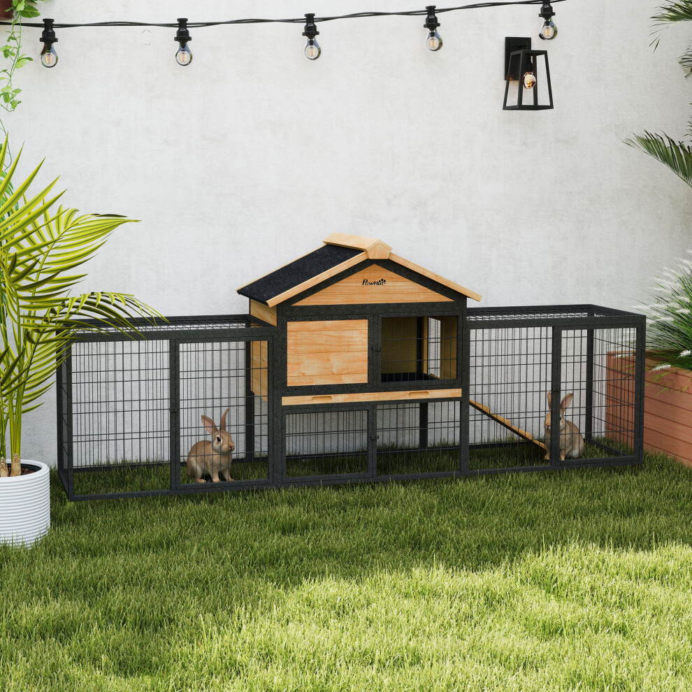 Pawhut Rabbit Hutch, Guinea Pig Hutch Outdoor With Steel Run, Tray, Ramp