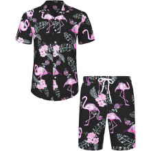 (2XL,Style 4)Mens Hawaiian Shirt and Shorts Set Beach Flamingo Hawaiian Shirt Set