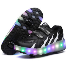 (31,Black)Girl Boy LED Light Up Roller Shoes, Detachable Wheel Skate Sneakers For Kids