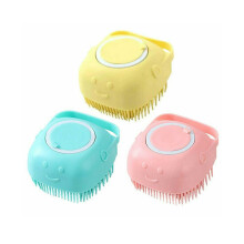 Pet Massage Bath Brush For Dog Cat Shampoo Dispenser Silicone Scrubber Wash Tool - Pink Yellow