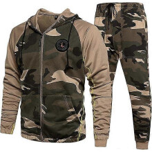 (M,Khaki)Men's Hooded Athletic Tracksuit Casual Full Zip Jogging SweatSuits