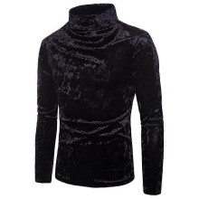 (L,Black)Mens Velvet Velour Long Sleeve T Shirts Turtleneck Slim Fit Pullover Top