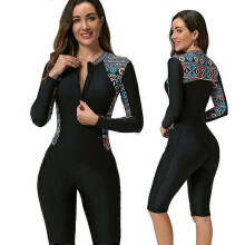 (S,Black)Womens Boyleg One Piece Rashguard Padded Swimsuit Front Zip Surf Wetsuit
