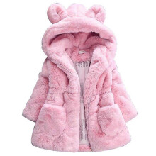 (110,Pink)Girls Winter Fleece Coats Ear Hooded Faux Fur Warm Jacket Hoodies Outwear