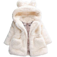 (130,White)Girls Winter Fleece Coats Ear Hooded Faux Fur Warm Jacket Hoodies Outwear