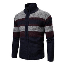 (L,navy blue)Men Sweaters Jackets Coats Fashion Striped Knitted Cardigan Slim Fit Sweaters