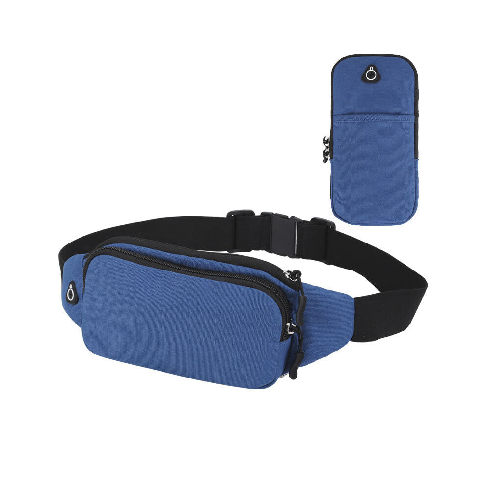 (Blue) Outdoor Waterproof Nylon Leisure Waist Bag with Headphone Holes Portable Phone Card Pack For Men Women