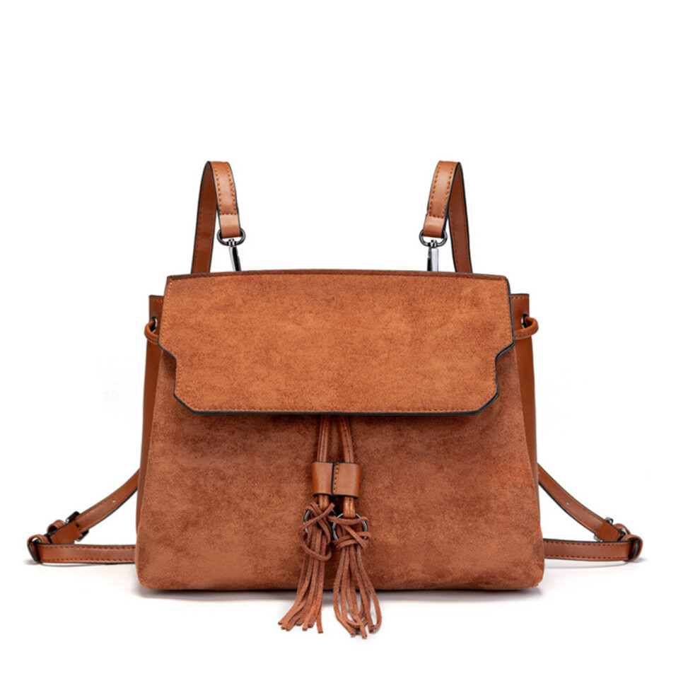 (Brown) Outdoor PU Leather Backpack Women Tassel Handbag School Bag Travel Rucksack