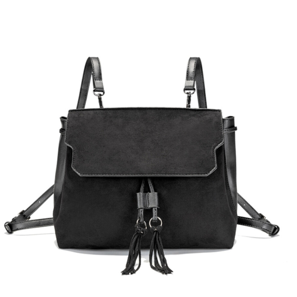 (Black) Outdoor PU Leather Backpack Women Tassel Handbag School Bag Travel Rucksack