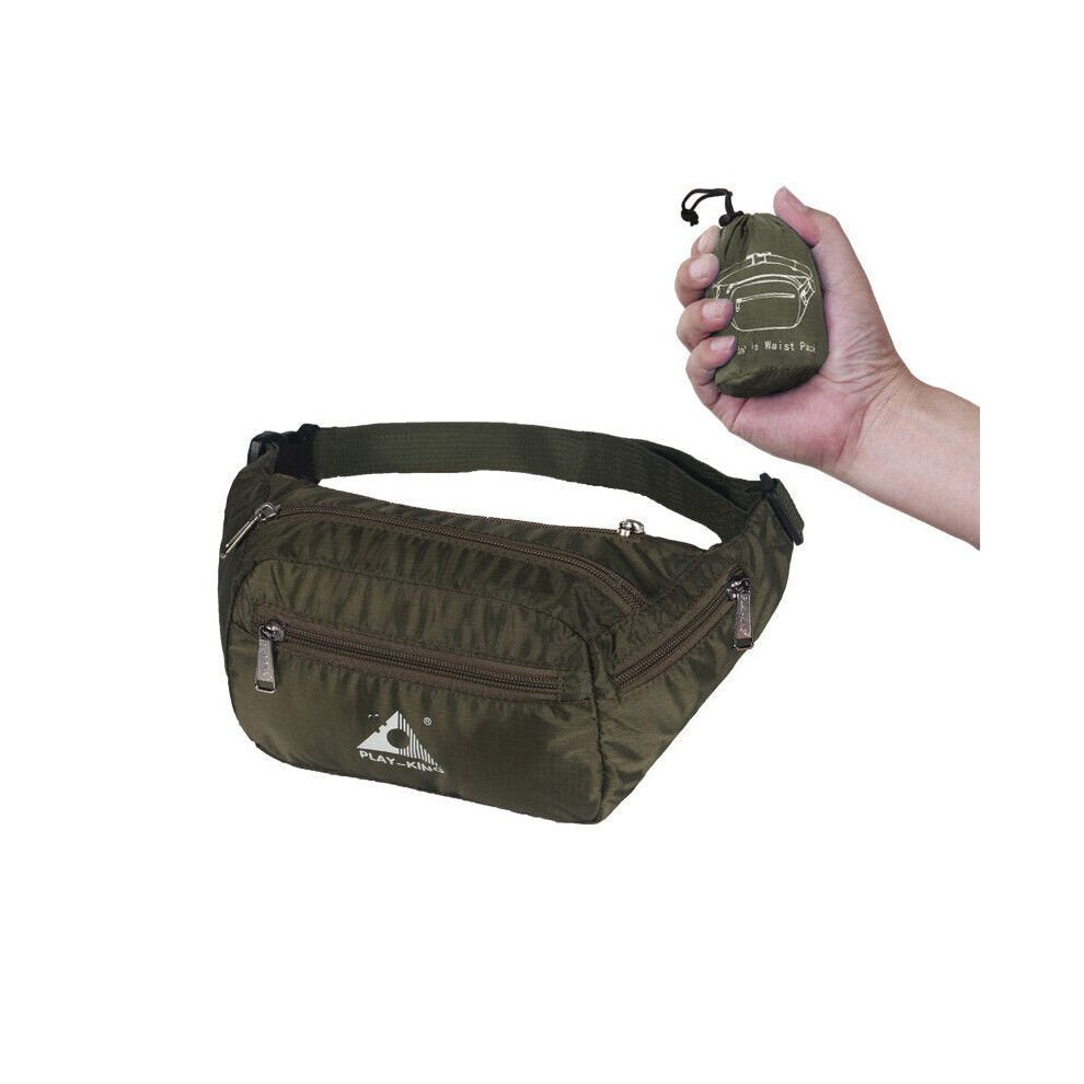 (Army Green) Outdoor Running Travel Waist Bag Waterproof Foldable Fanny Pack For Men Women Jogging Gym