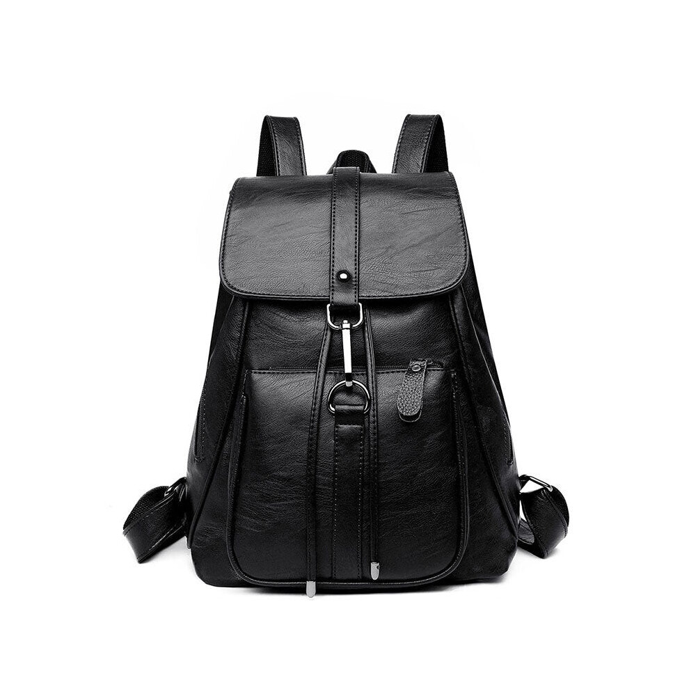 (Black) Soft PU Leather Backpack Ladies Casual Shoulder Bag Outdoor Hunting Travel Rucksack