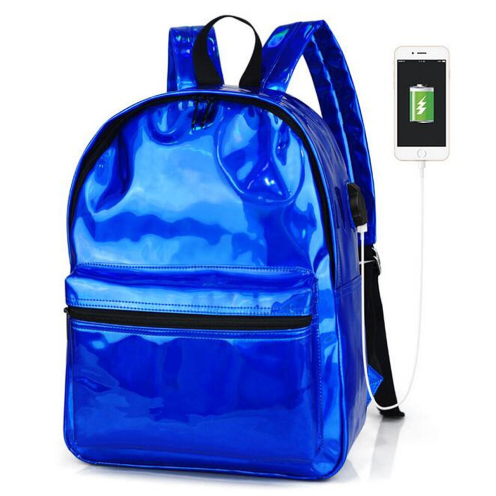 (Blue) USB PU Backpack Waterproof 14 Inch Laptop School Bag Camping Travel Pack Shoulder Bag Handbag