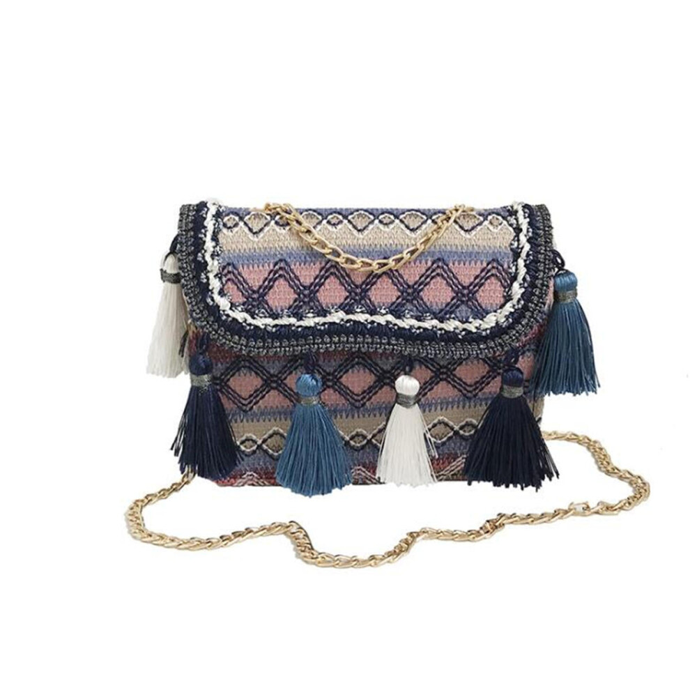 (Blue) Women Ring Handle Straw Bag Pouch Rattan Messenger Handbag Beach Tote Outdoor Travel