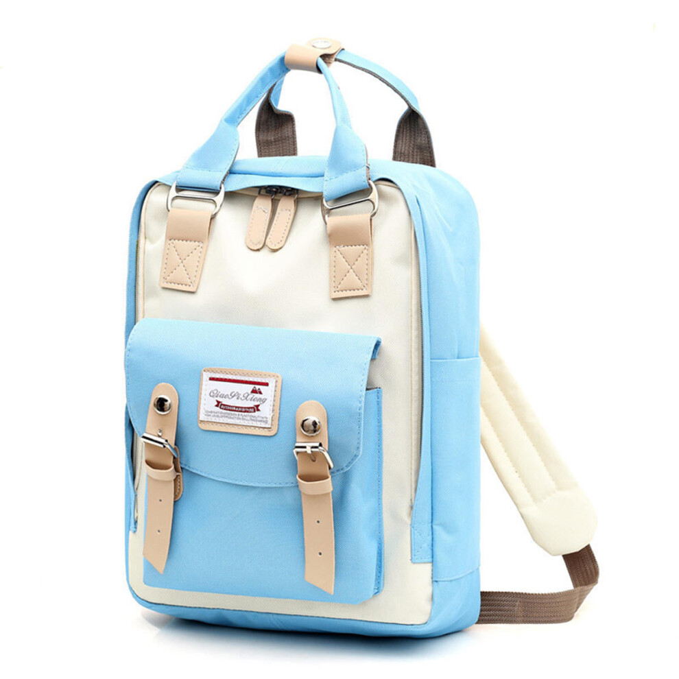 (Blue+White) USB Backpack Student School Bag Waterproof Shoulder Bag Camping Travel