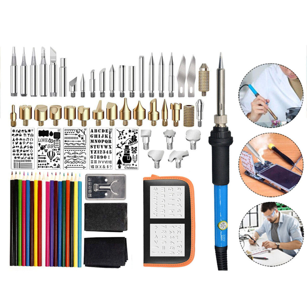 (EU Plug) 71Pcs 110V 220V 60W Wood Burning Pen Set Stencil Soldering Tips Tools Pyrography Kit
