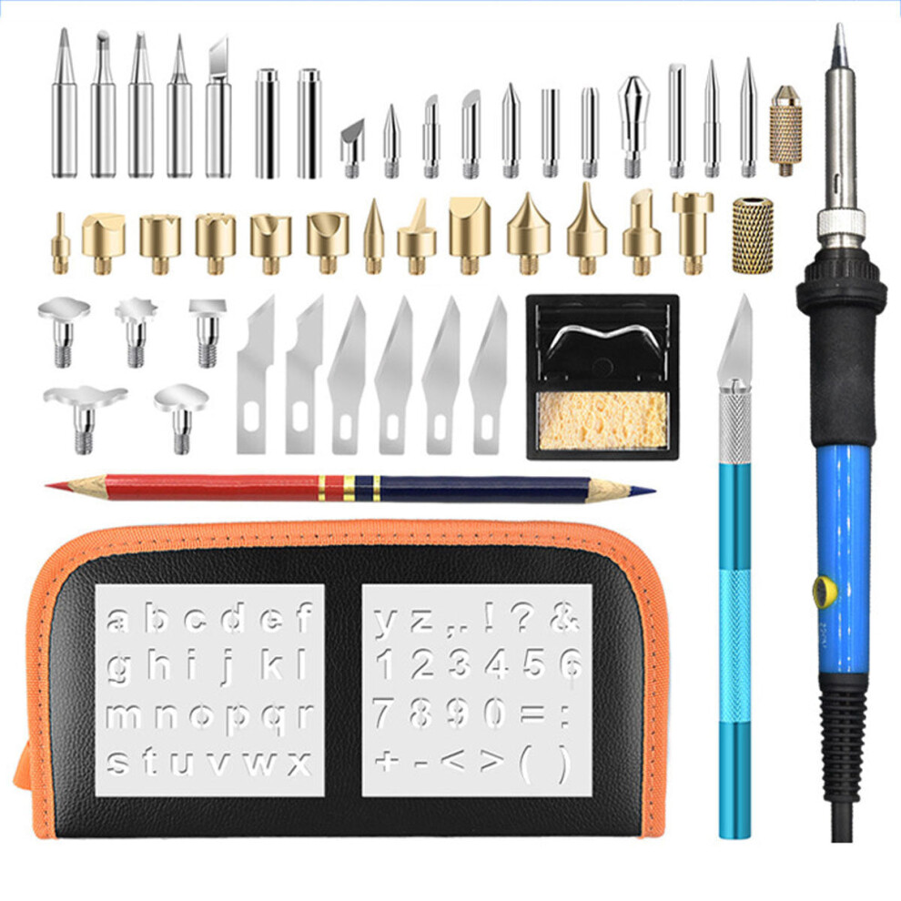 (EU Plug) 52Pcs 60W Wood Burning Pen Set Stencil Soldering Tips Tools Pyrography Kit