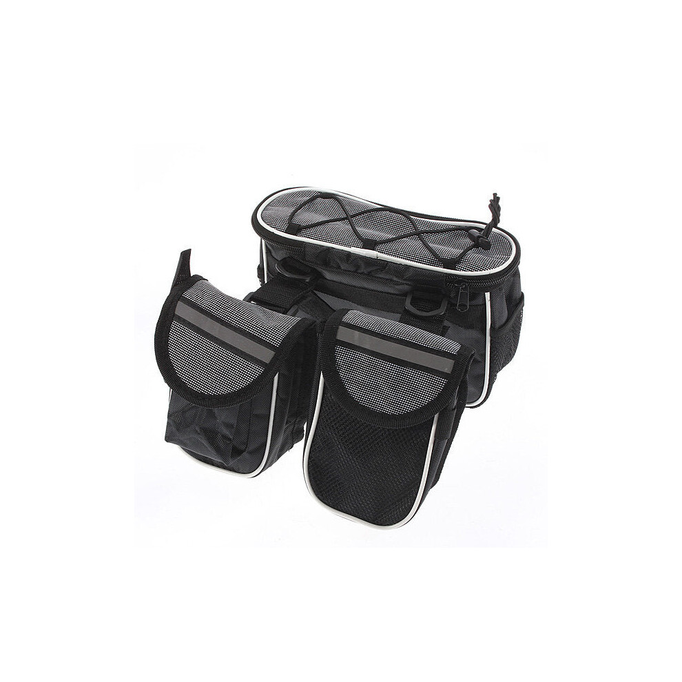 (Grey) Bike Frame Front Tube Bag Double Pouch Bicycle Saddle Tube Bag Outdoor Cycling with Waterproof Cover