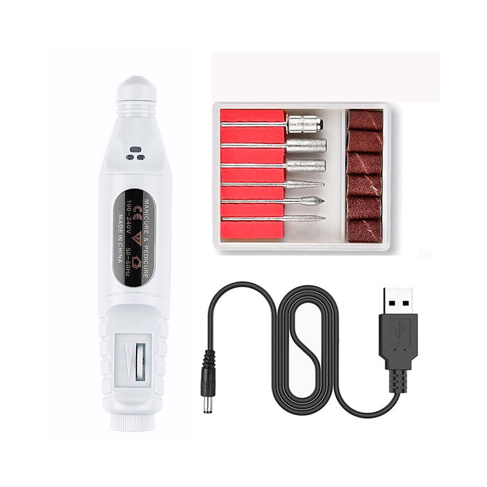 (White) USB Portable Electric Nail Polisher Pen Nail Manicure Sharpener Nail Drill Machine