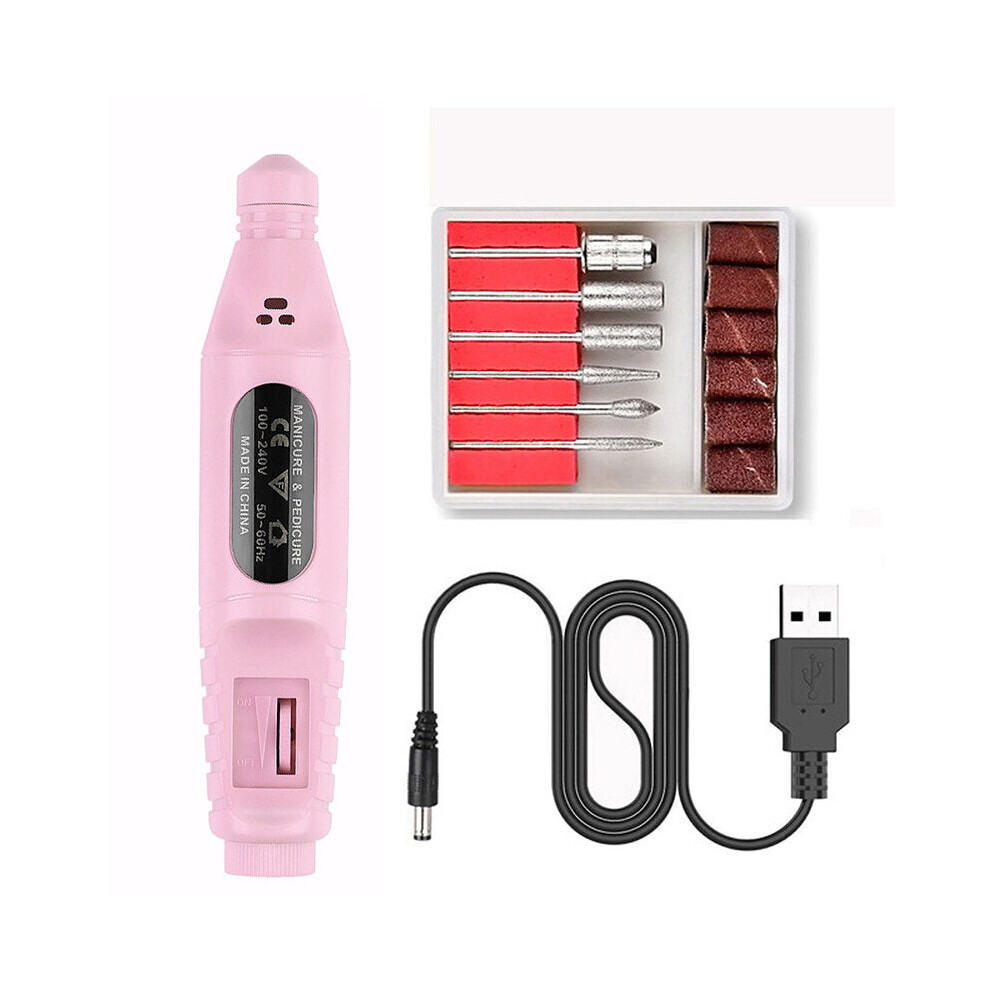 (Pink) USB Portable Electric Nail Polisher Pen Nail Manicure Sharpener Nail Drill Machine