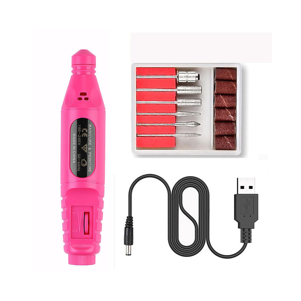 (Rose) USB Portable Electric Nail Polisher Pen Nail Manicure Sharpener Nail Drill Machine